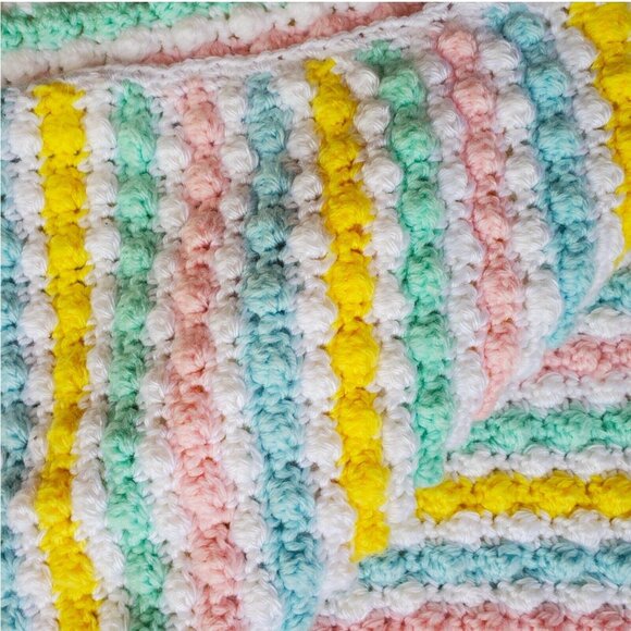 Handmade Crocheted Baby Afghan Pastel Striped Blanket 33" x 35" Swaddle Bassinet - Picture 2 of 5